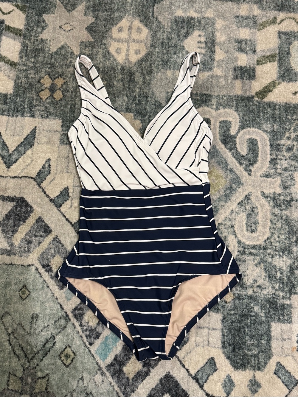 Kona Sol White with Navy Stripe V-Neck One-Piece